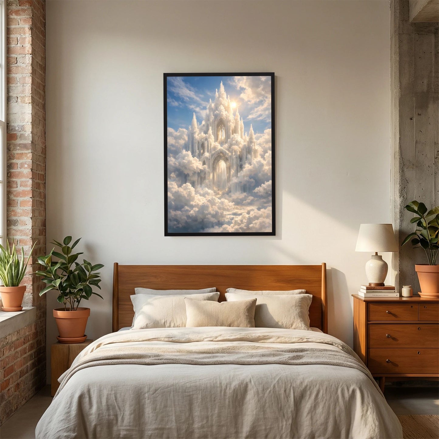 Hochformatposter mit Schloss in den Wolken, goldenes Licht, schwarzer Holzrahmen