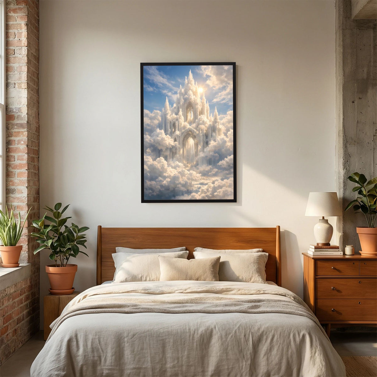 Hochformatposter mit Schloss in den Wolken, goldenes Licht, schwarzer Holzrahmen
