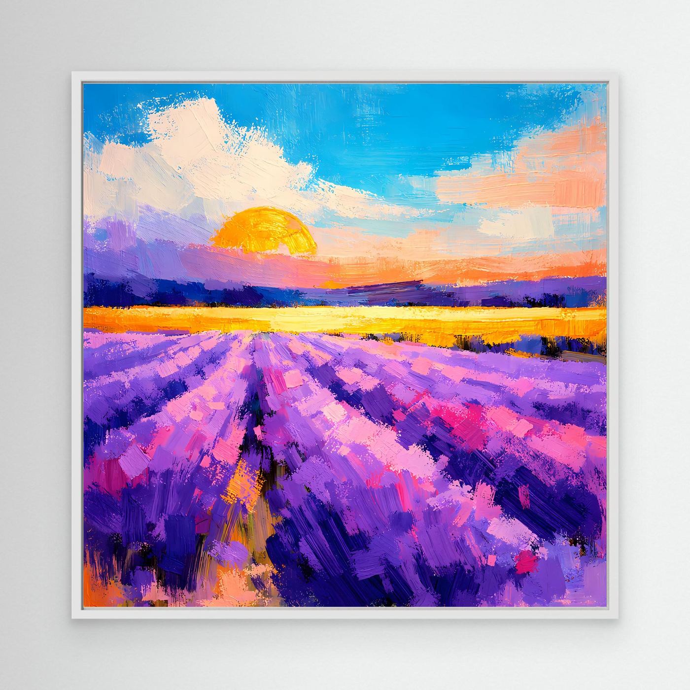 Gerahmtes Leinwandbild mit Lavendelfeld bei Sonnenuntergang, weißer Rahmen, farbige Pinselstriche