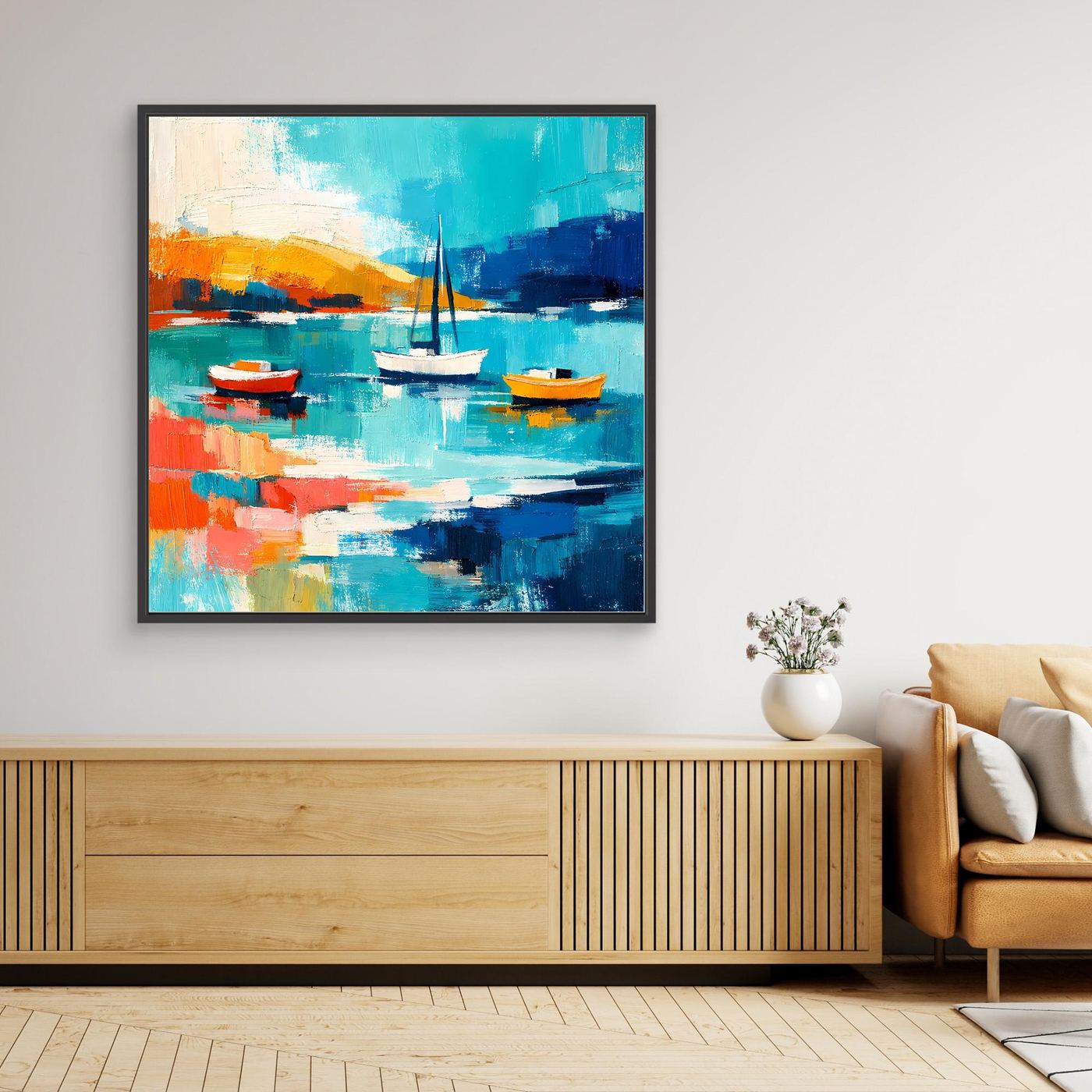 Abstract sailboat wall art print with colorful water and boats, in black frame