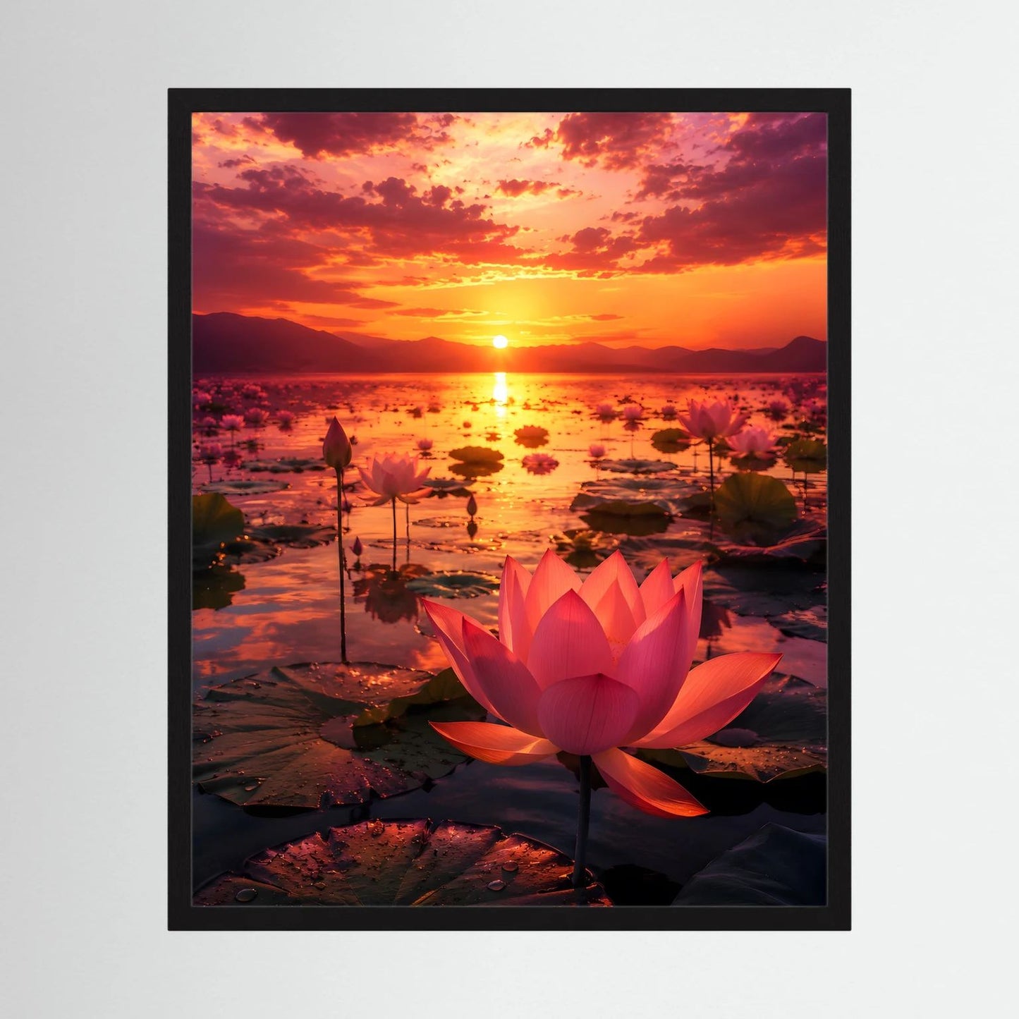 Schwarz gerahmte Wandkunst im Hochformat mit rosa Lotusblüte und Sonnenuntergang