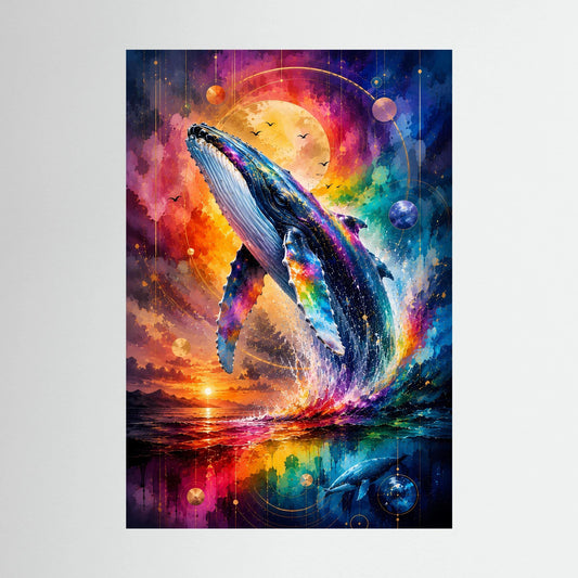 Hochformat-Poster mit blauem Wal in Regenbogen-Galaxie über Meer und Reflexionen