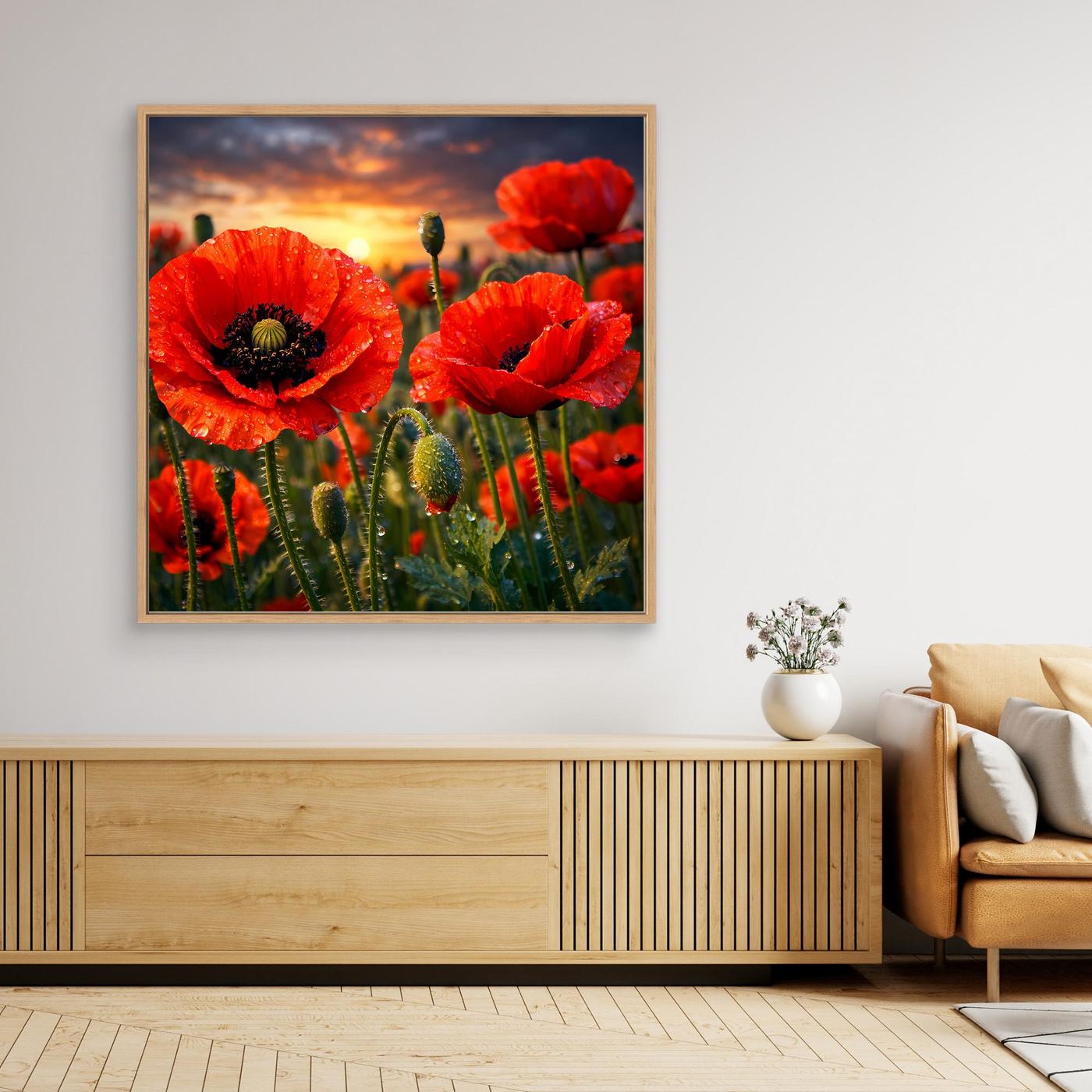 Leinwand-Wandbild mit roten Klatschmohnblüten und Abendhimmel im hellen Holzrahmen