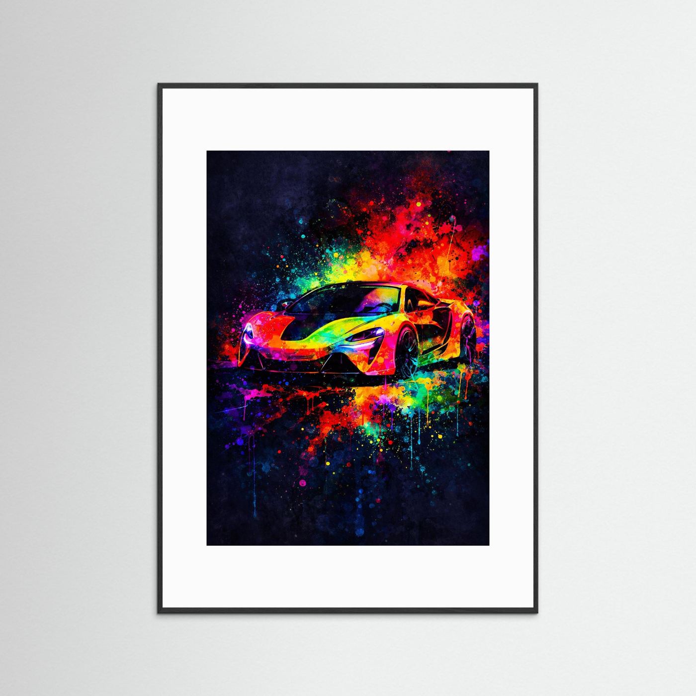 Poster mit Neon-Sportwagen-Illustration im weißen Passepartout mit schwarzem Rahmen