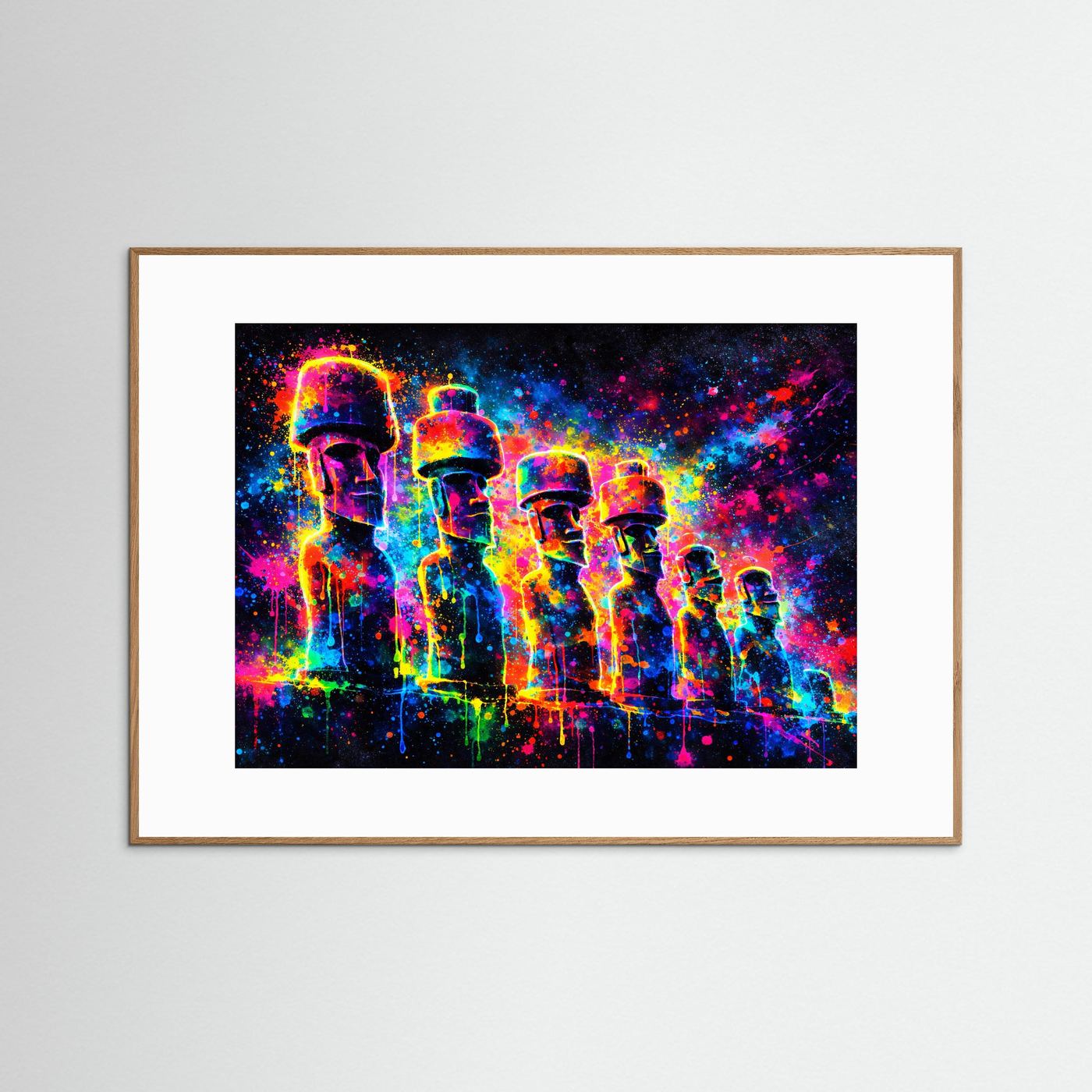 Farbenfrohe Moai Statuen mit Kopfbedeckung | Neon Pop Art & Osterinsel Wandbild Querformat