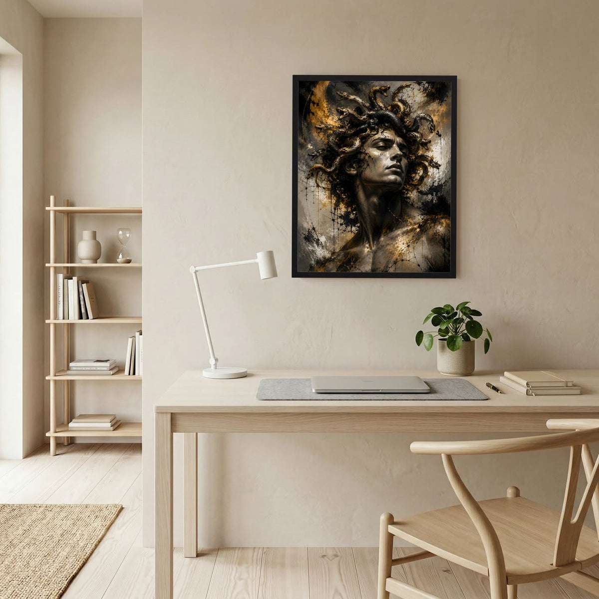 Gerahmter Hochformat-Artprint mit Frauengesicht und Schlangenornamenten in Schwarz-Gold