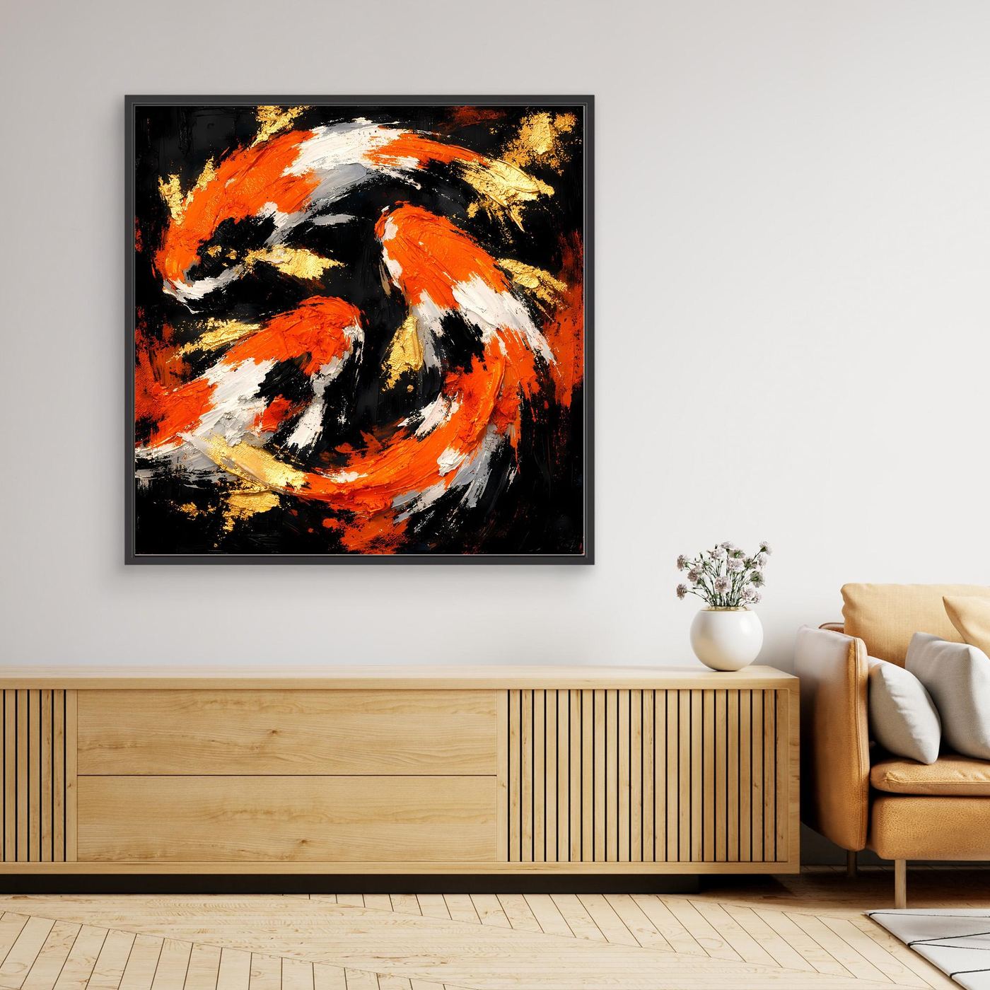 Leinwand Dynamische Koi-Karpfen | Abstraktes Yin Yang Wandbild Gold Orange