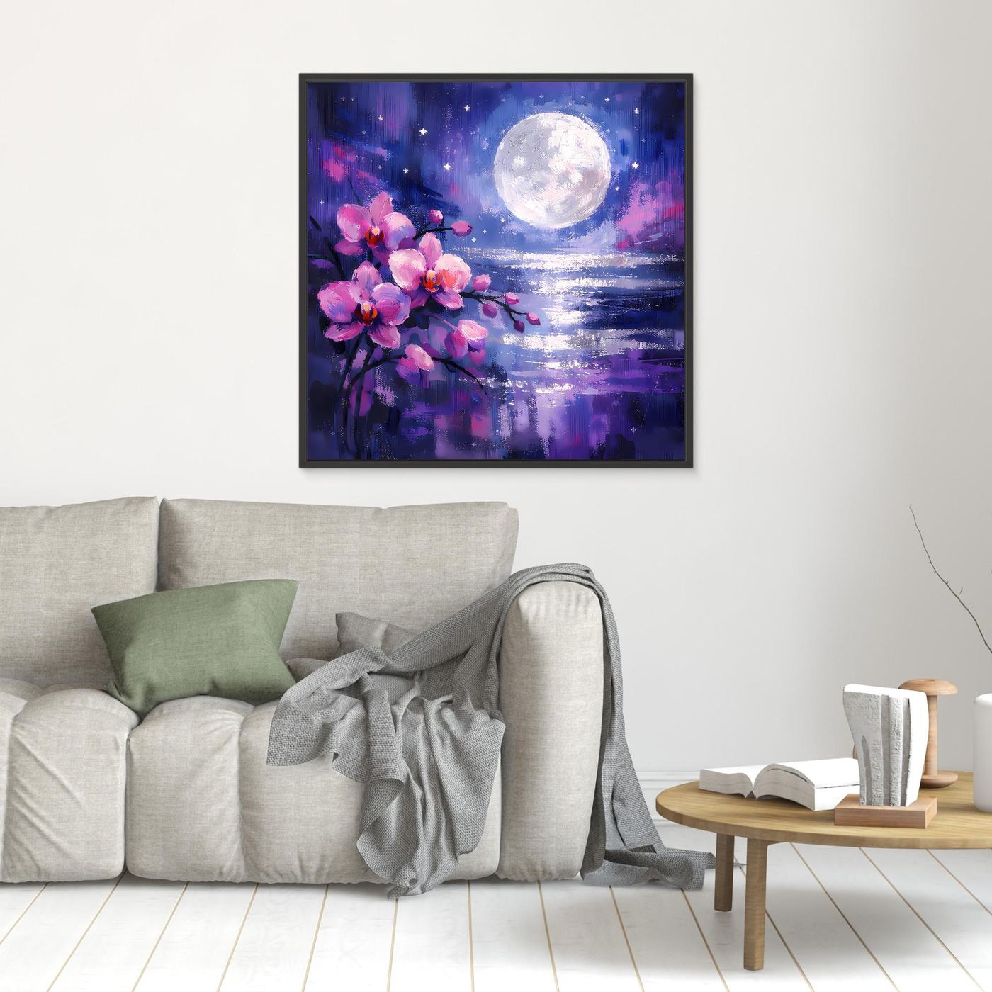 Wandbild im Detail: pinke Orchideenblüten, Vollmond und Sternenhimmel über Meer
