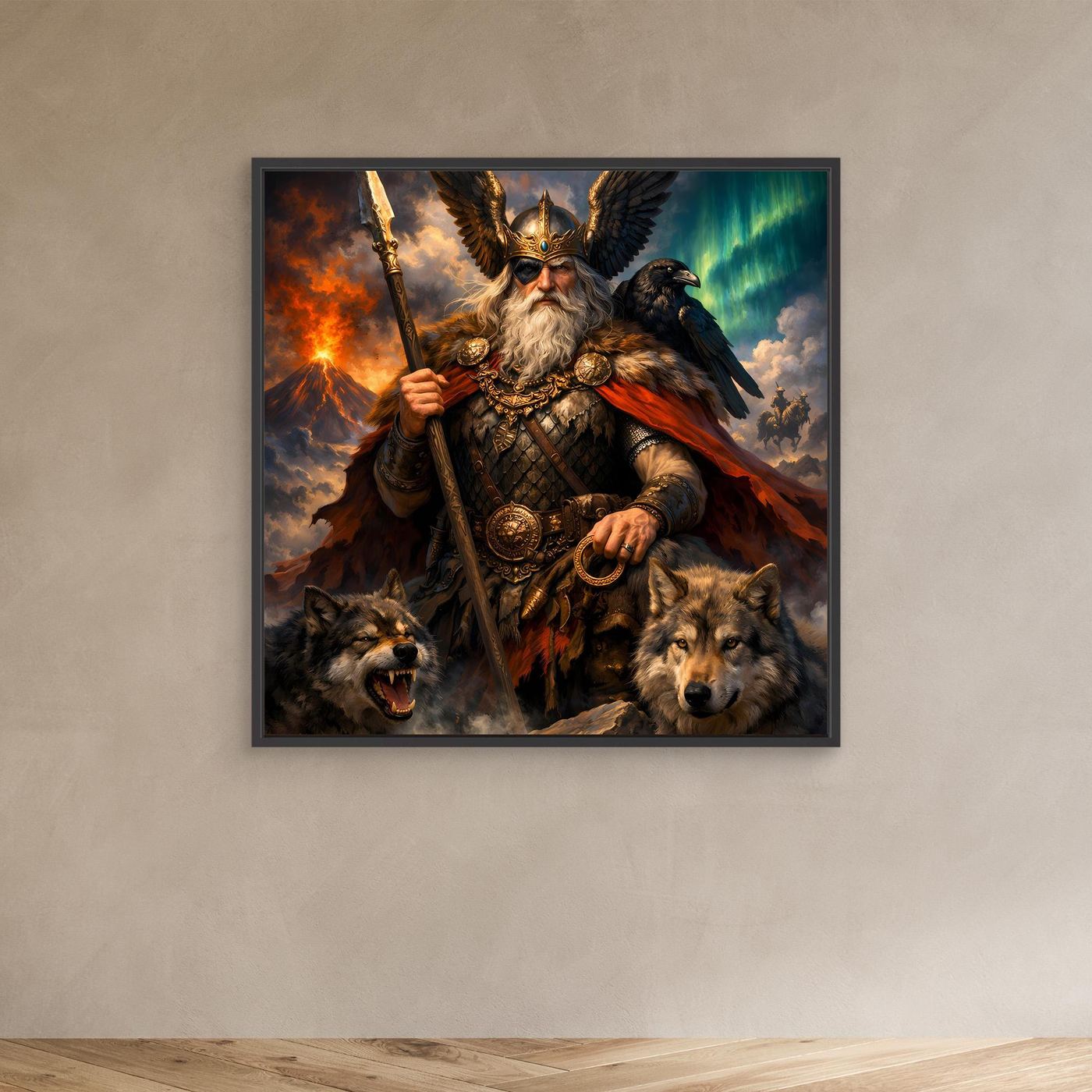 Leinwand Göttervater Odin mit Wölfen und Rabe | Mythologisches Wikinger Wandbild