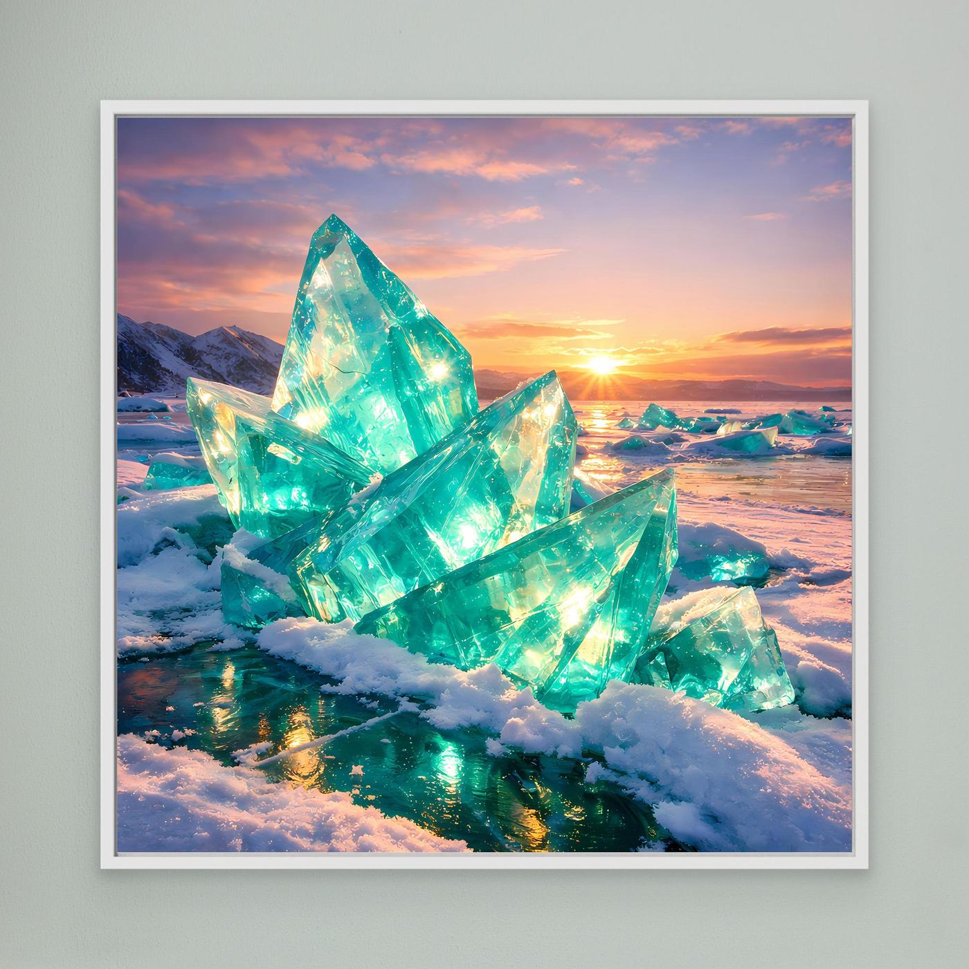 Leinwandbild mit türkisgrünen Eiskristallen in der Wintersonne, weißer Rahmen