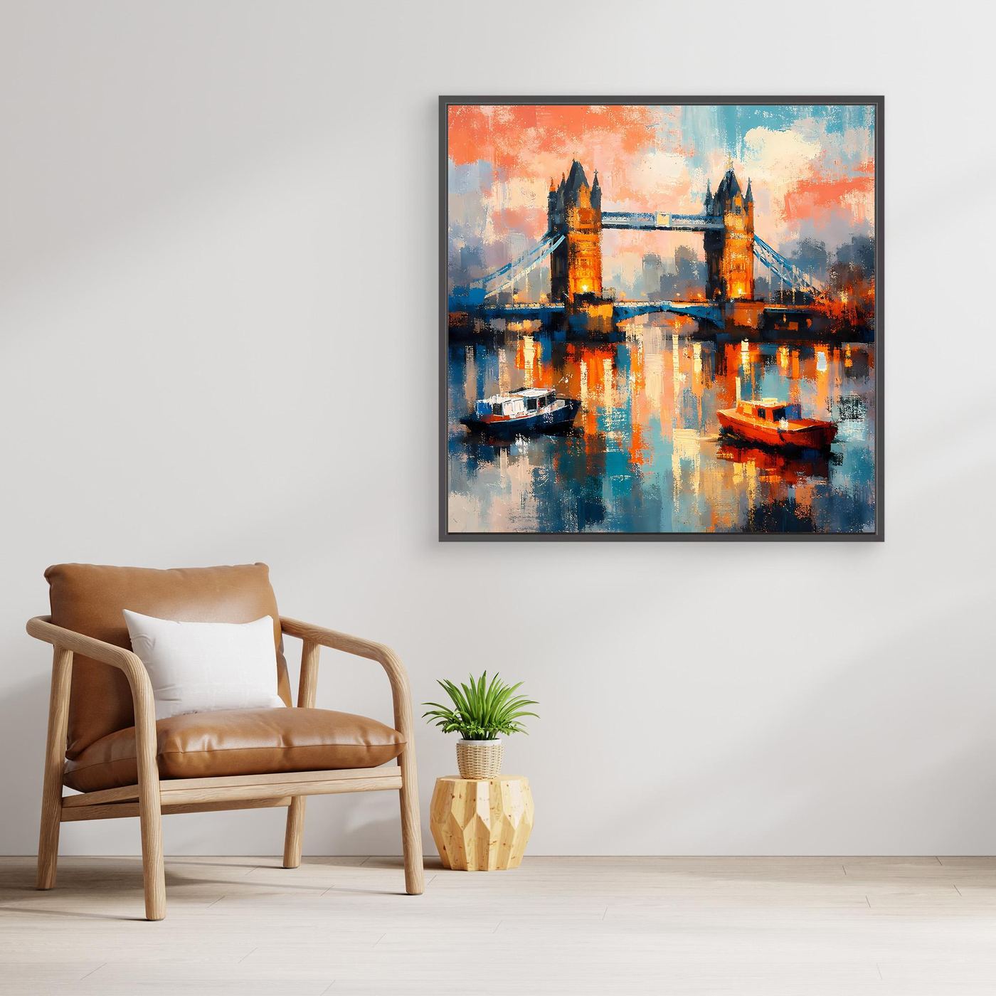 Leinwand-Wandbild mit abstrakter Tower-Bridge und Spiegelung im Wasser, im schwarzen Rahmen.