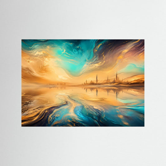 Poster mit surrealer Wüstenlandschaft in Gold- und Türkisfarben, abstrakte Strömungen