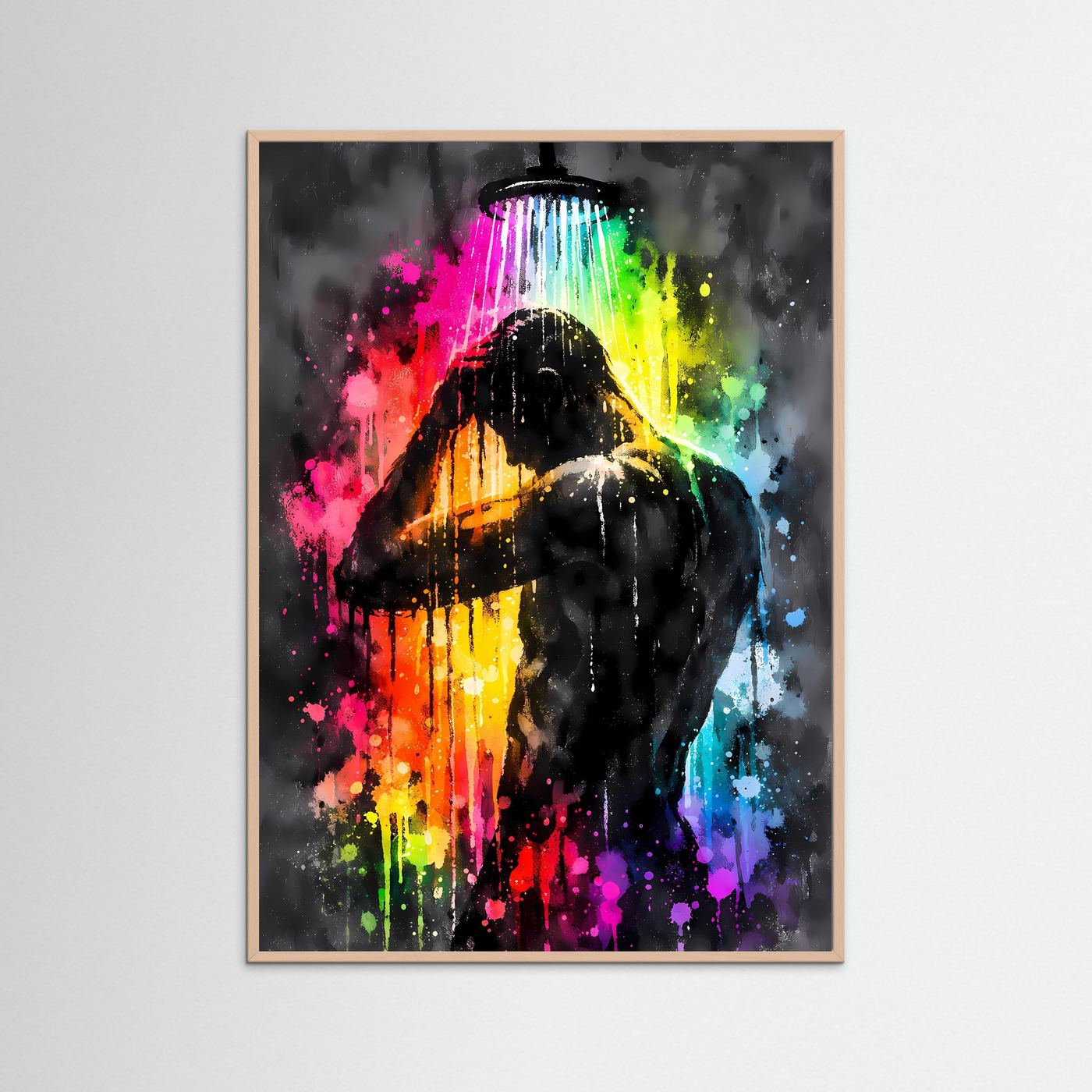 Die Kunst der Erfrischung | Neon Dusch-Poster mit männlicher Silhouette & Regenbogen-Farben | Abstraktes Pop-Art Kunstposter Hochformat