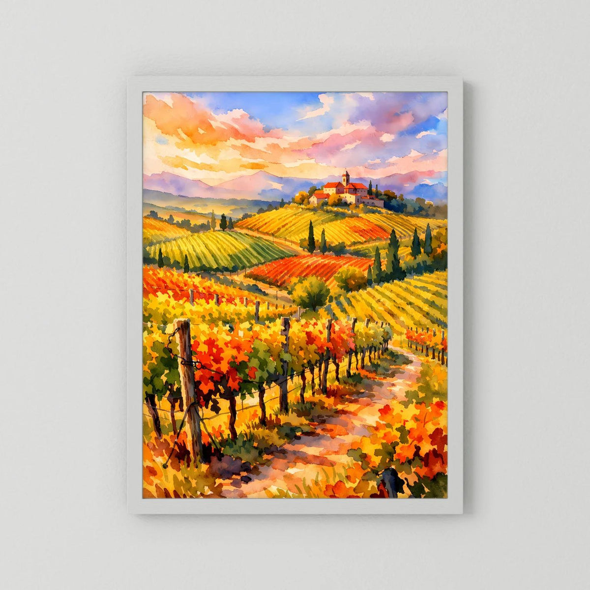Hochformatiges Weinberg-Poster mit farbenfroher Landschaft, helles Passepartout