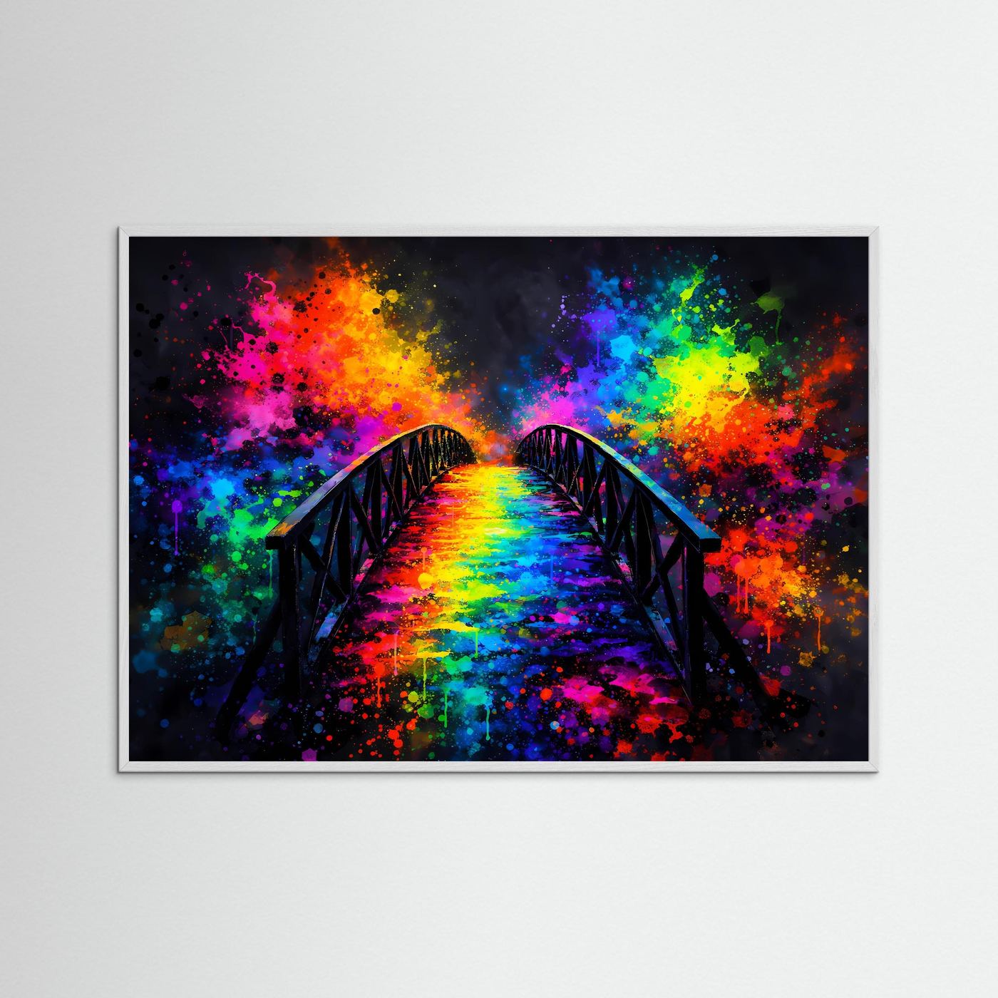 Wandbild mit Pop-Art-Brücke und Regenbogen-Lichtweg, grauer Rahmen