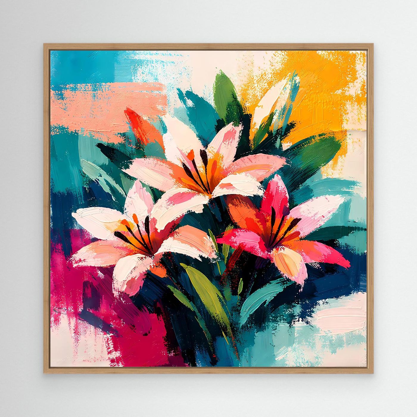 Abstract lily canvas wall art with oak frame and colorful brushstroke flowers