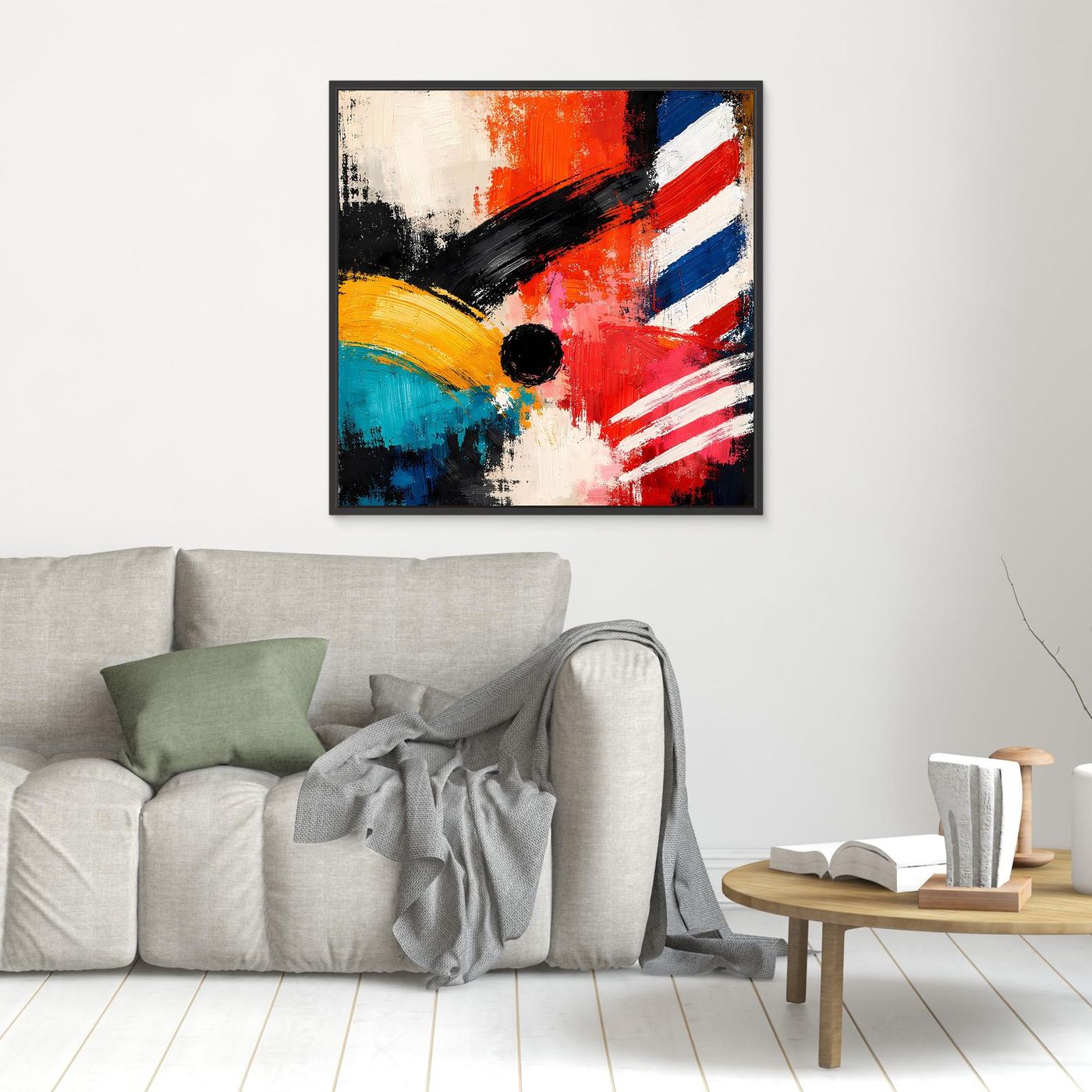 Abstract geometric wall art canvas with red, blue, orange and black strokes, small dark frame