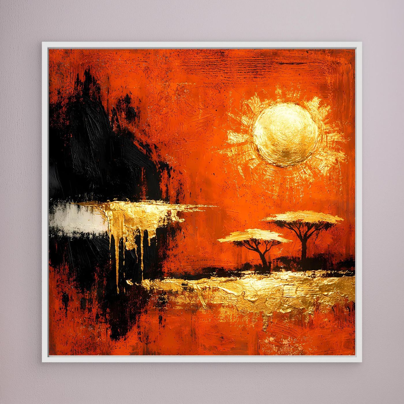 Leinwand Abstrakte Savanne bei Sonnenuntergang | Modernes Afrika Wandbild in Rot und Gold