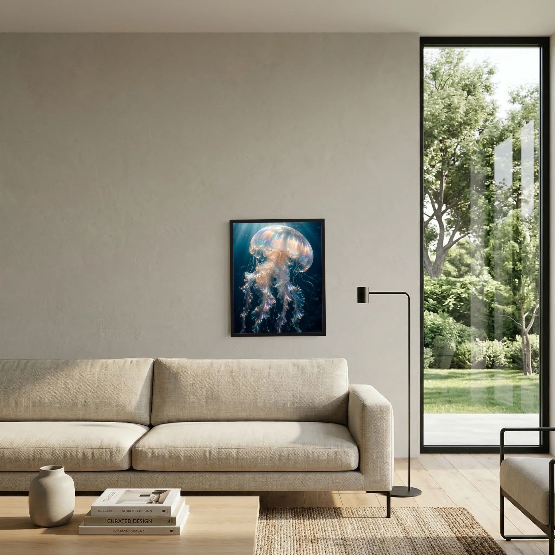 Gerahmtes Kunstposter mit leuchtender Qualle im schwarzen Rahmen