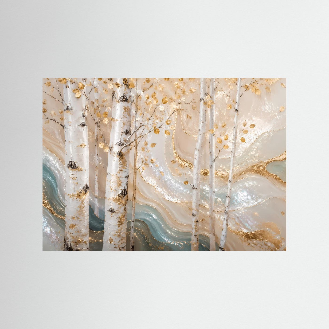 Wandposter mit abstraktem Birkenwald in Creme und Gold, querformatig