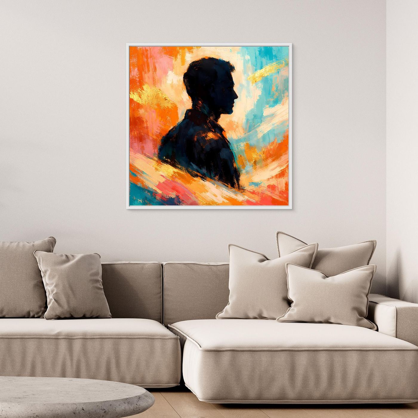 Weiß gerahmtes Leinwandbild mit abstrakter Silhouette eines Mannes, farbige Pinselstriche.