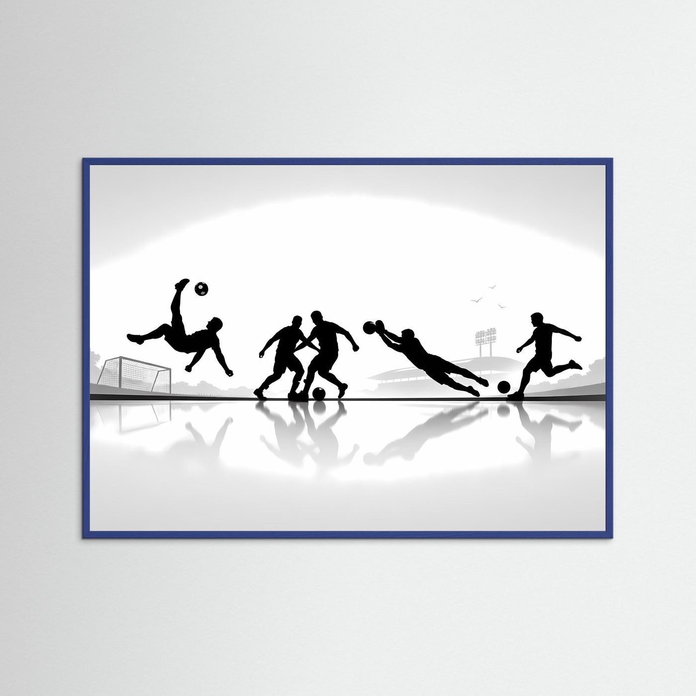 Fußball-Poster im blauen Rahmen mit schwarzweißen Spieler-Silhouetten, Querformat