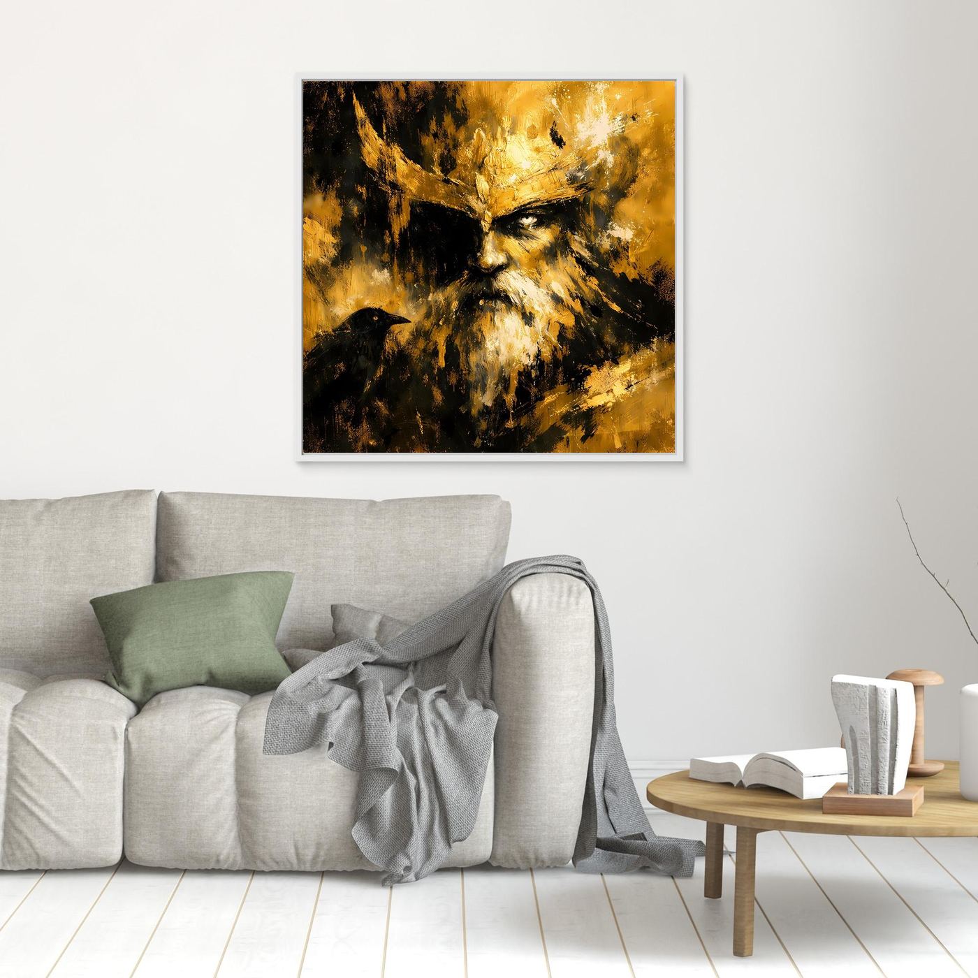 Leinwand Nordischer Gott Odin mit Rabe | Modernes Abstraktes Mythologie Wandbild