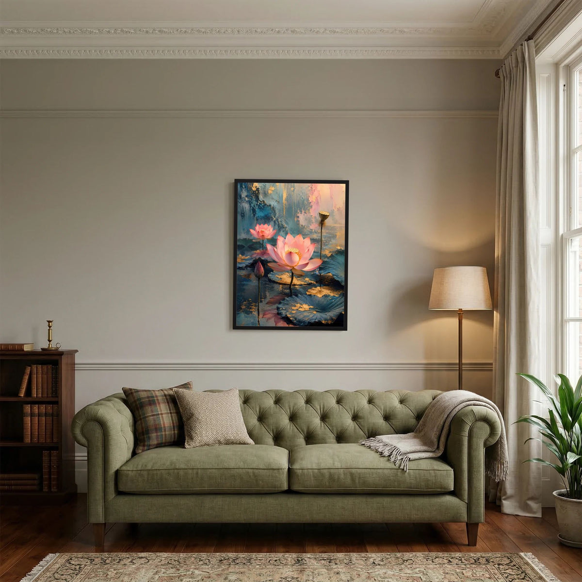 Gerahmtes Wandposter mit rosa Lotusblüten auf türkisfarbenem Wasser und goldenen Lichteffekten