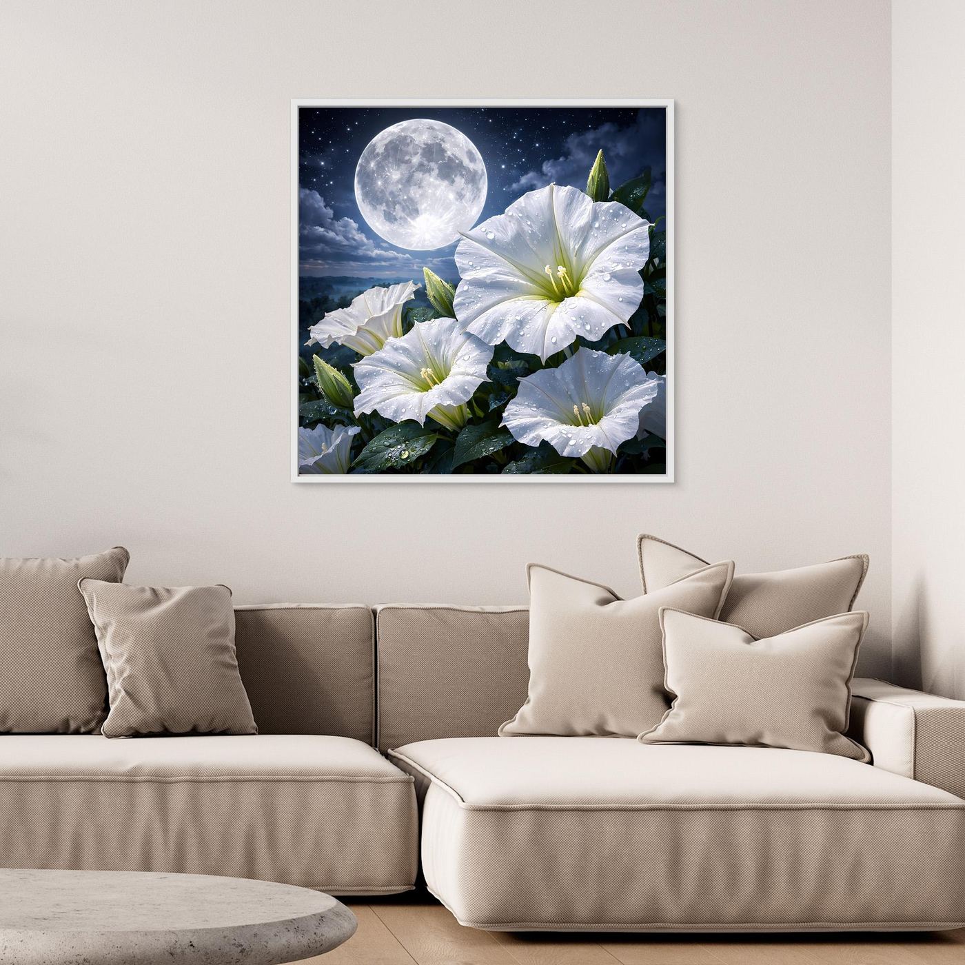Leinwand-Wandbild mit weißen Blüten und Vollmond im dunklen Himmel