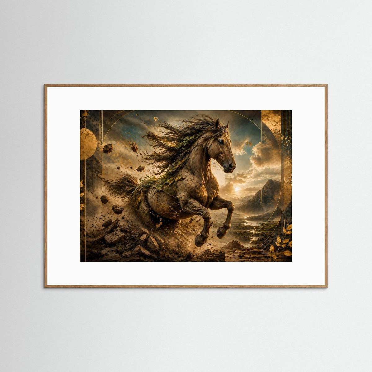 Querformat-Poster mit wildem Pferd in Goldbraun, naturfarbener Holzrahmen
