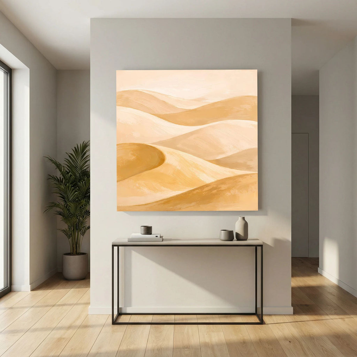 Quadratisches Leinwand-Wandbild mit sanften Dünenkämmen in Beige und warmen Goldtönen