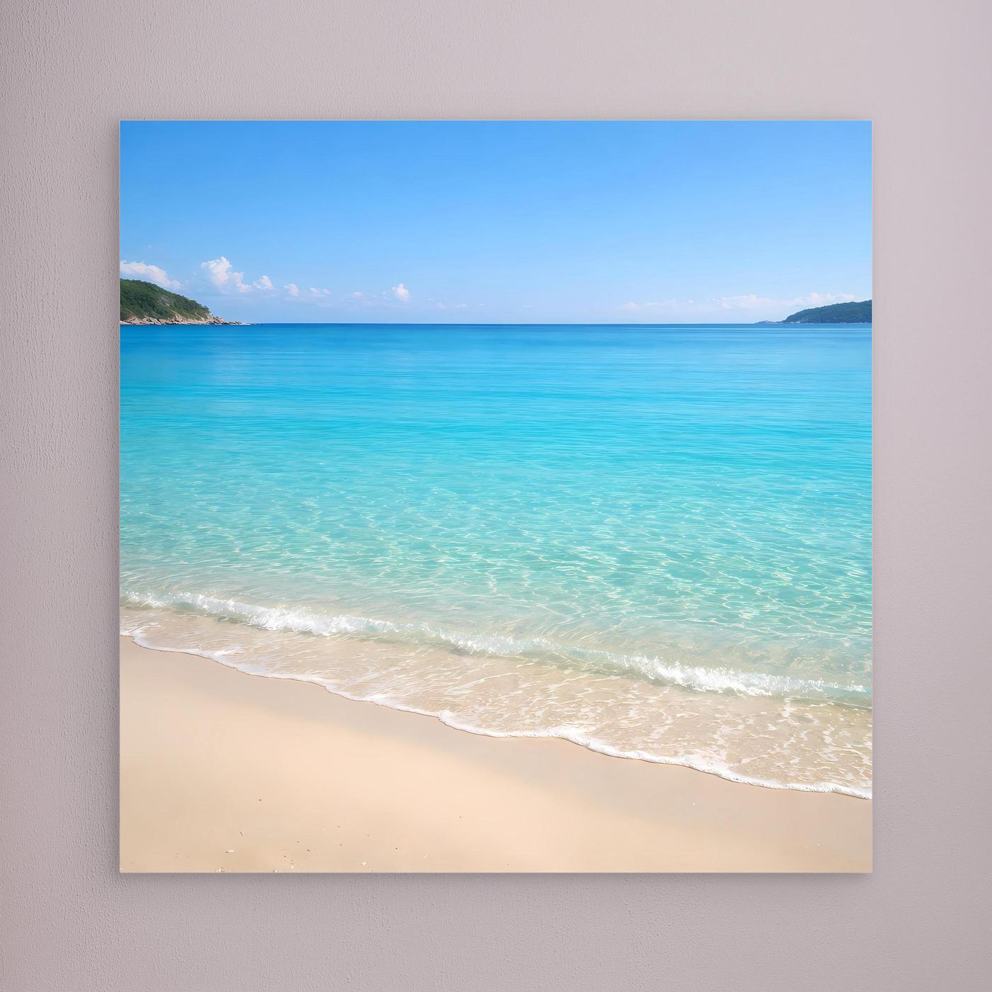 Leinwandbild mit tropischem Strandmotiv, türkisblaues Wasser und weißer Sandstrand