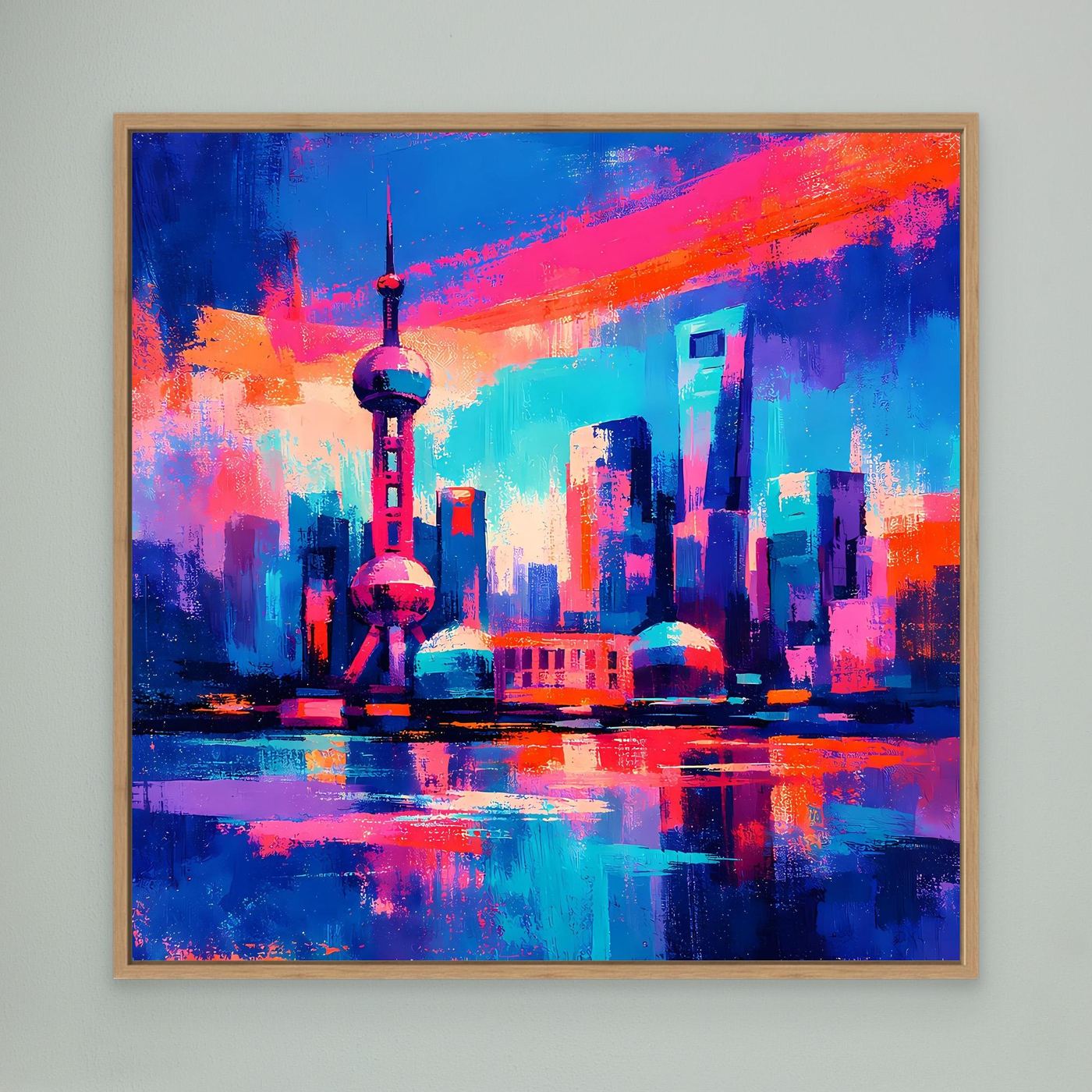 Leinwandbild mit abstrakter Neon-Skyline im Holzrahmen, pink-blau, reflektierender Untergrund