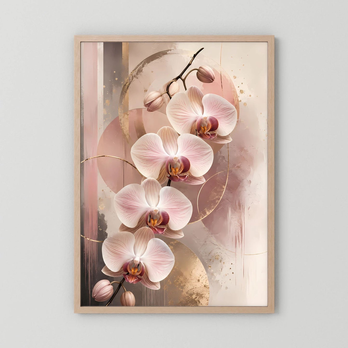 Gerahmtes Orchideen-Poster im Hochformat mit Roséblüten und Goldakzenten