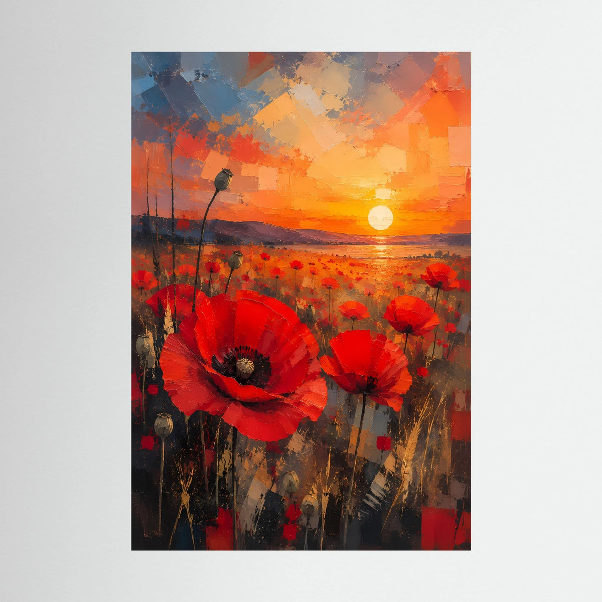 Hochformatiges Poster mit roten Mohnblumen im abstrakten Sonnenuntergang und orangefarbener Sonne