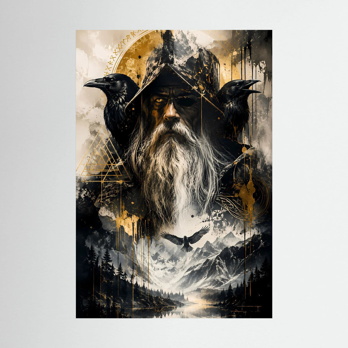Hochformatiges Fantasy-Poster mit Runenmagier und drei schwarzen Raben in Schwarz-Gold.