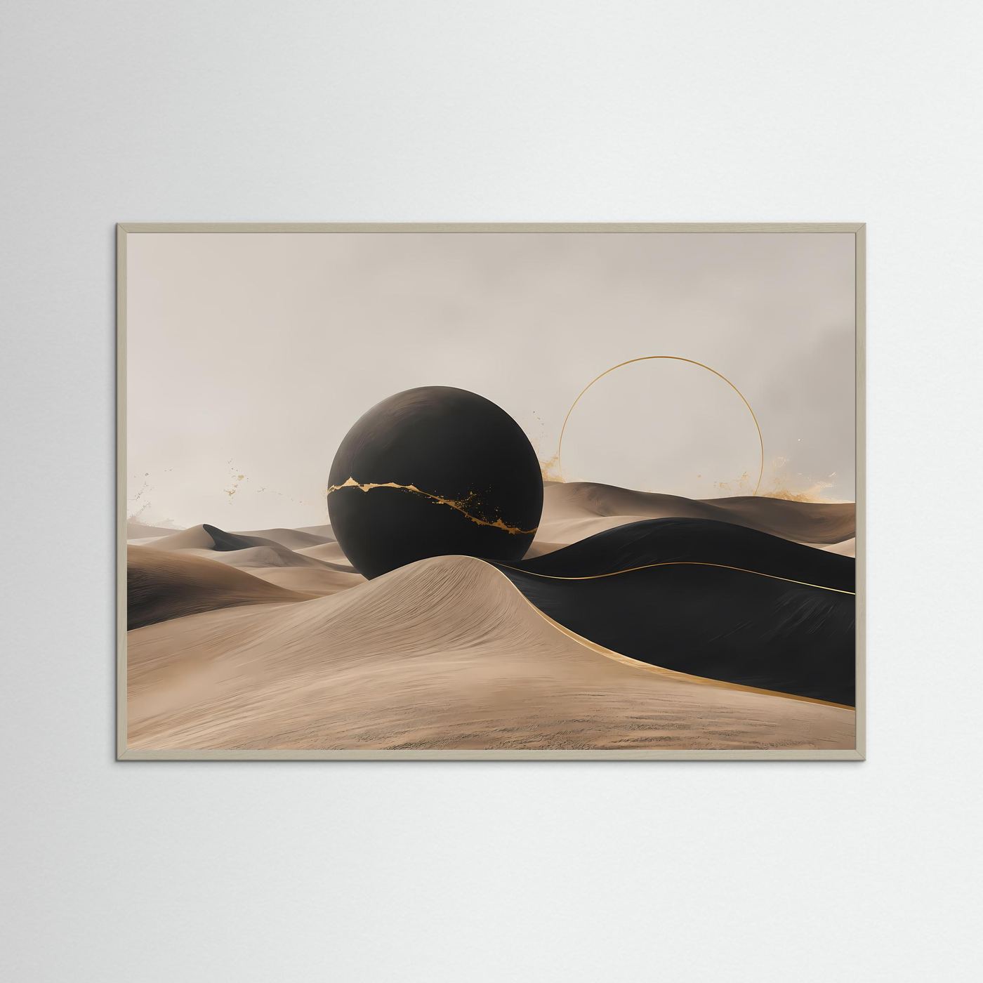 Minimalistische Wüstenlandschaft in Schwarz & Beige | Abstrakte Kunst mit Gold