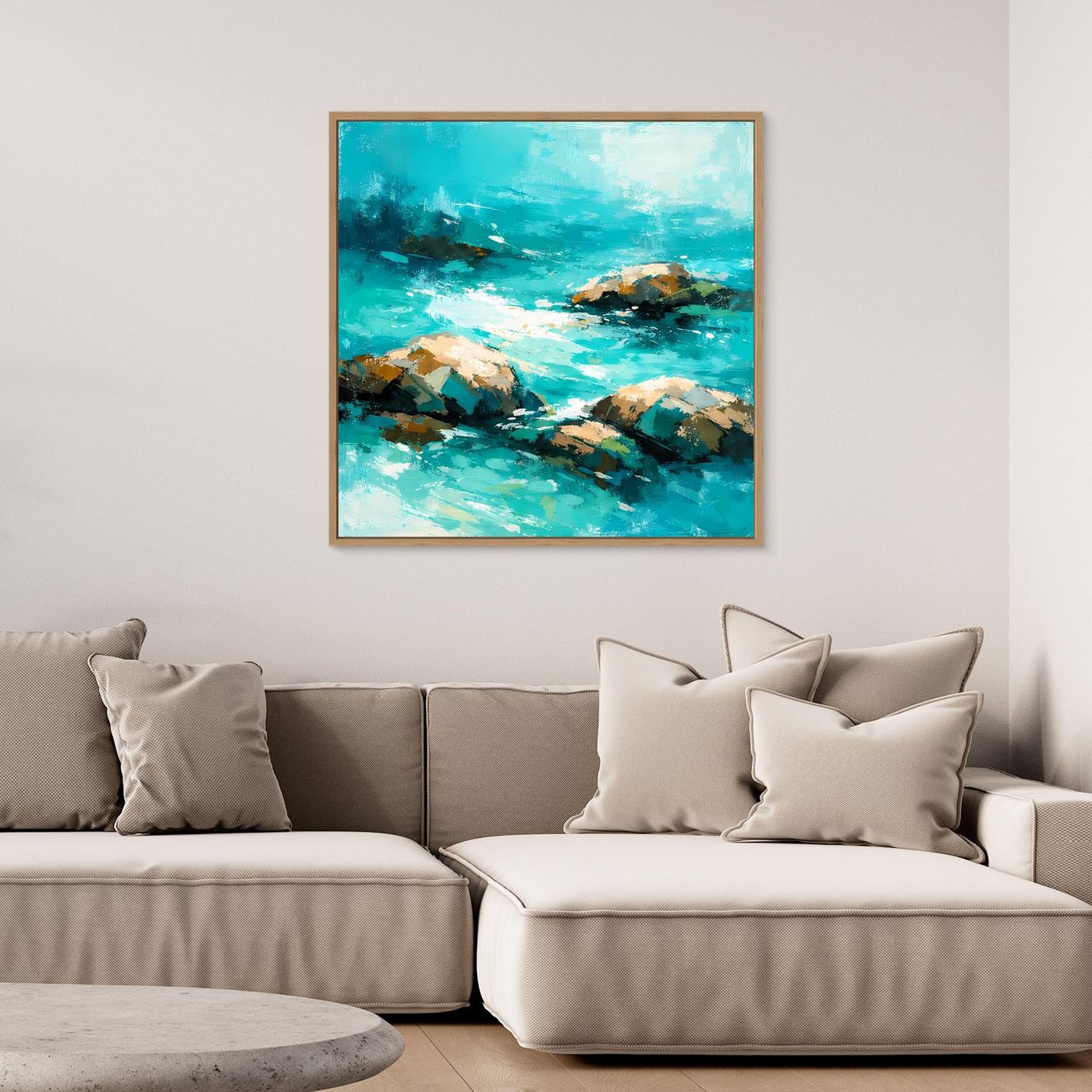 Leinwand Abstrakte Meereslandschaft mit Felsen | Modernes Küsten Wandbild Türkis