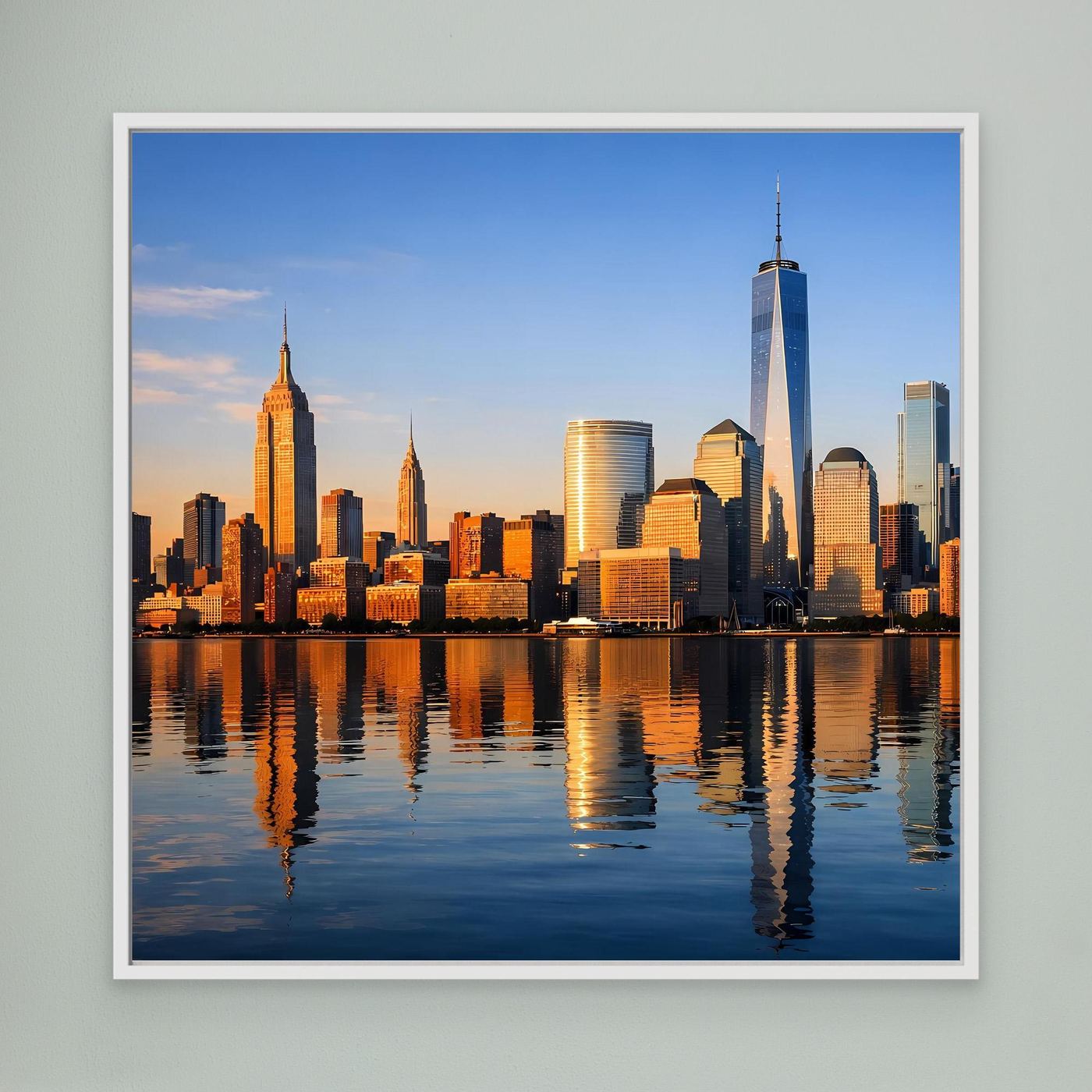 Gerahmtes Leinwandbild mit New-York-Skyline bei Sonnenuntergang und Spiegelung im Wasser