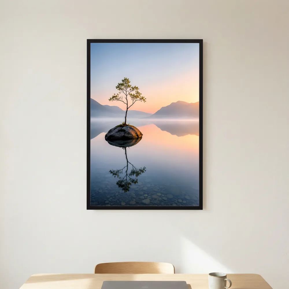 Hochformat-Kunstposter: einsamer Baum auf schwebendem Fels im ruhigen Bergsee.