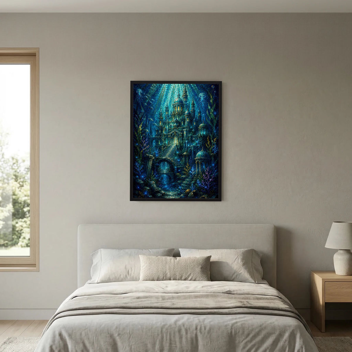 Poster im schwarzen Rahmen mit Unterwasserstadt-Motiv in Blau und Gold, hochformatig.