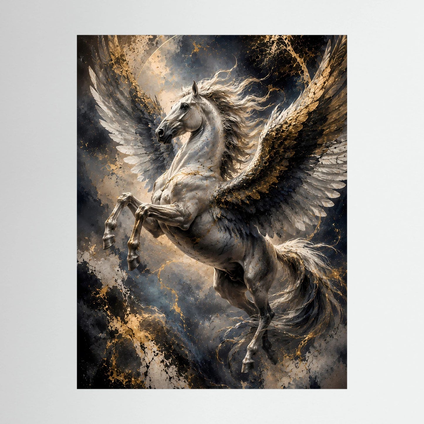 Detail-Hochformat-Poster: Pegasus in Schwarz mit goldenen Flügeln, ohne Rahmen sichtbar