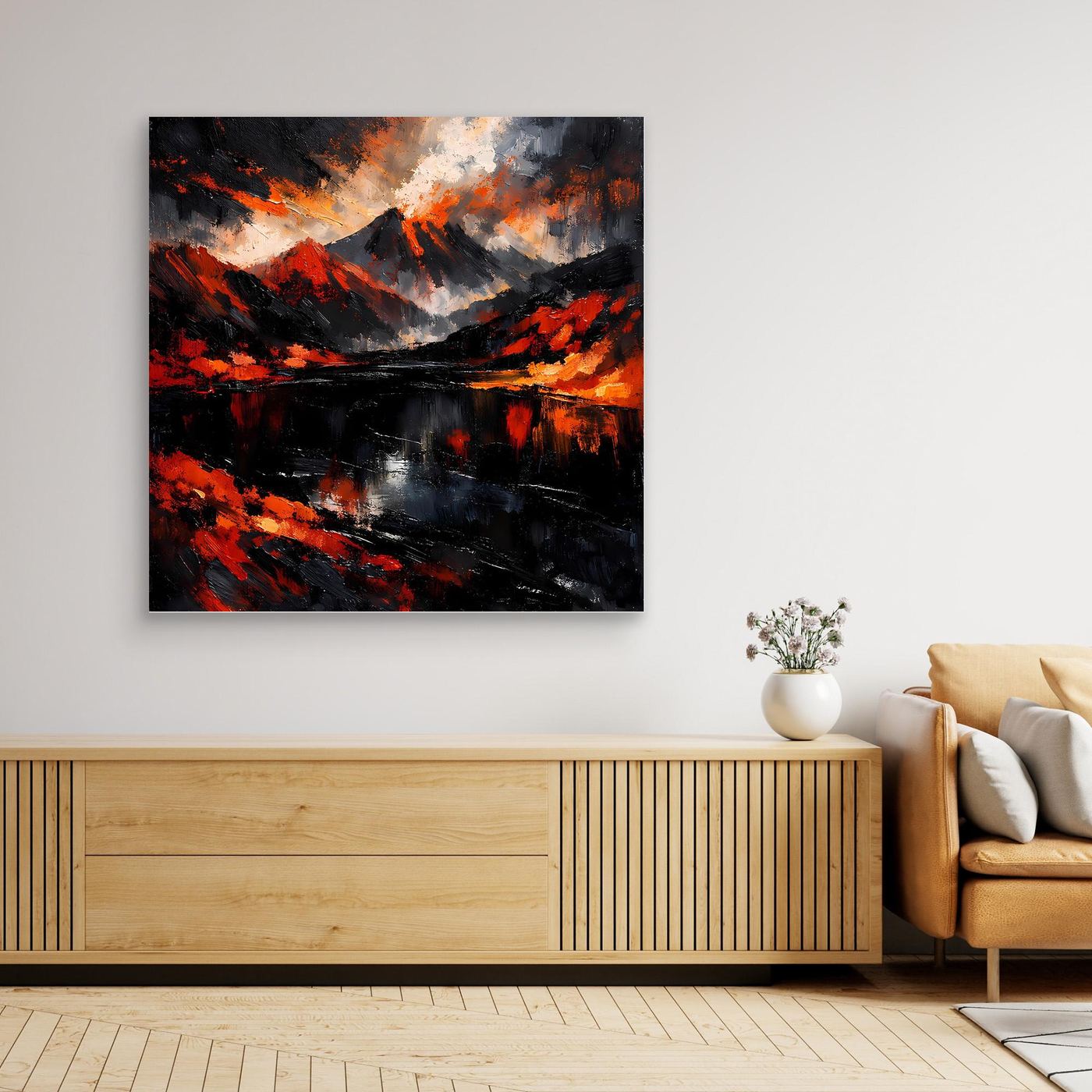 Wandbild Leinwand mit dunklem Rahmen: abstrakte Vulkanlandschaft in Rot-, Schwarz- und Grautönen