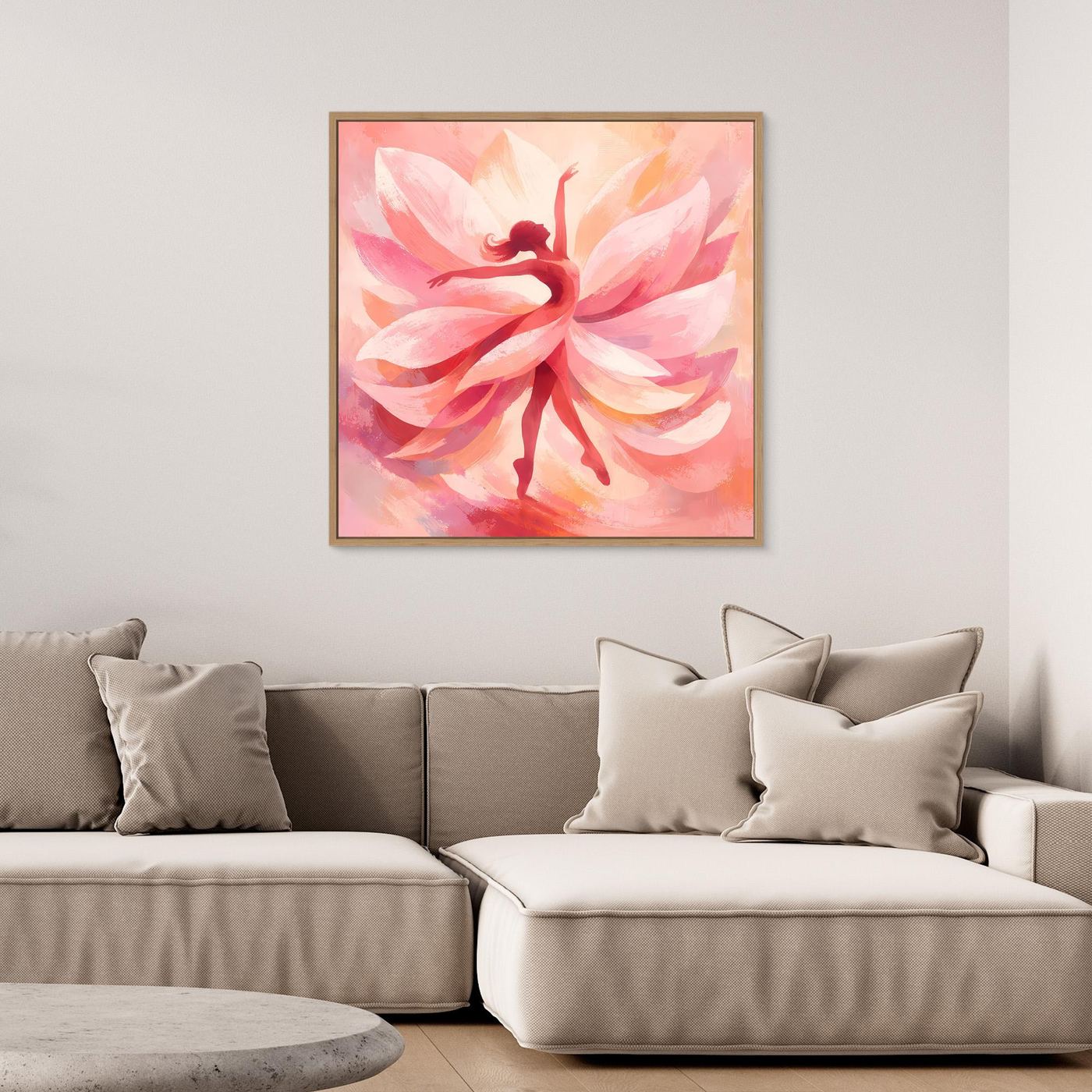 Quadratisches Leinwandbild mit rosa Blüte und Tänzerin-Silhouette im braunen Rahmen.