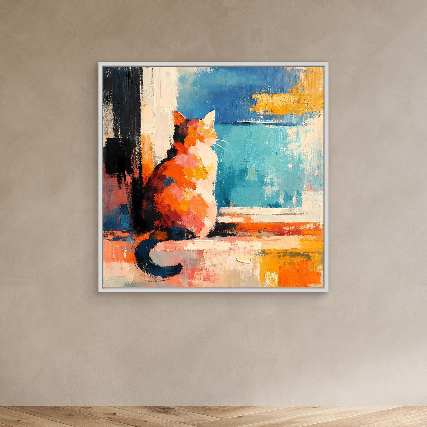 Black-framed canvas wall art, orange cat facing left by a window