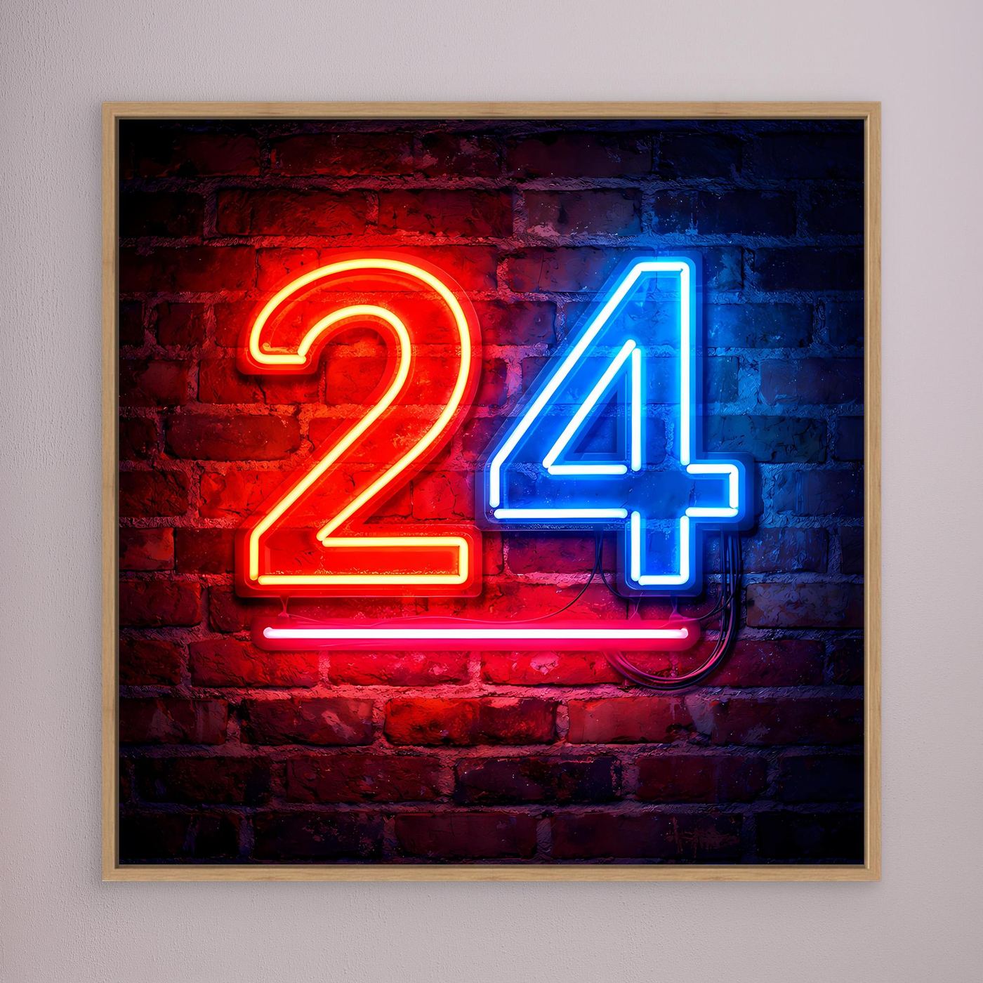 Leinwandbild mit Neon-Zahl „24“ auf Backstein, Holzrahmen