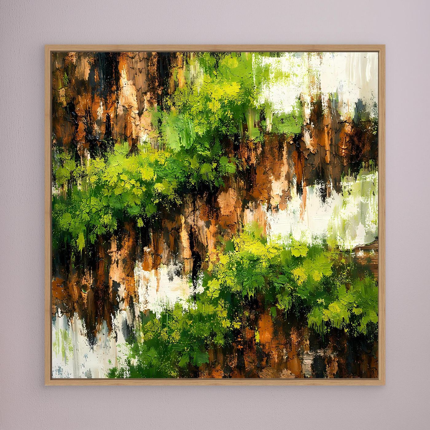 Quadratisches Leinwand-Wandbild mit abstrakter bewachsener Felswand, eichenfarben gerahmt