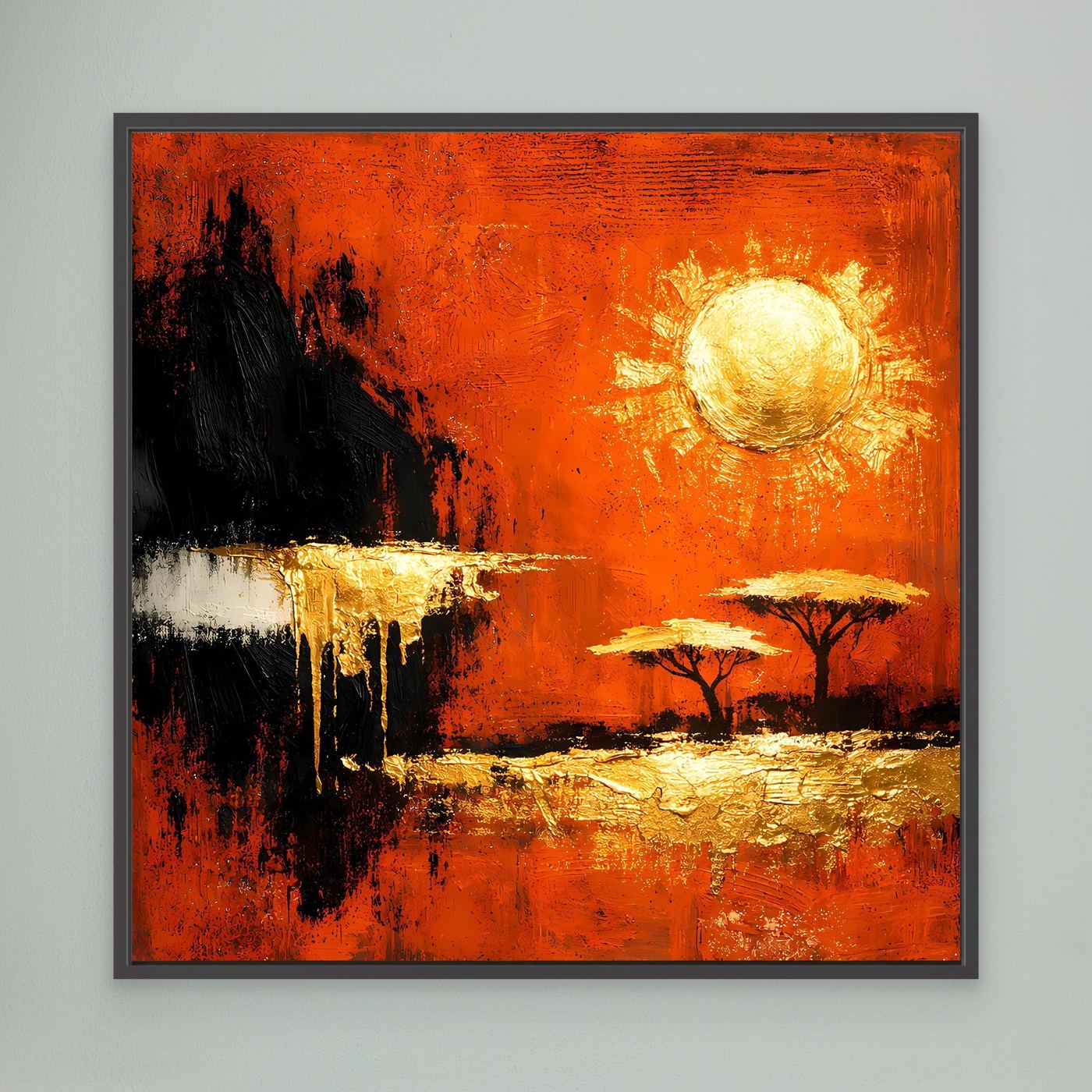 Leinwand Abstrakte Savanne bei Sonnenuntergang | Modernes Afrika Wandbild in Rot und Gold