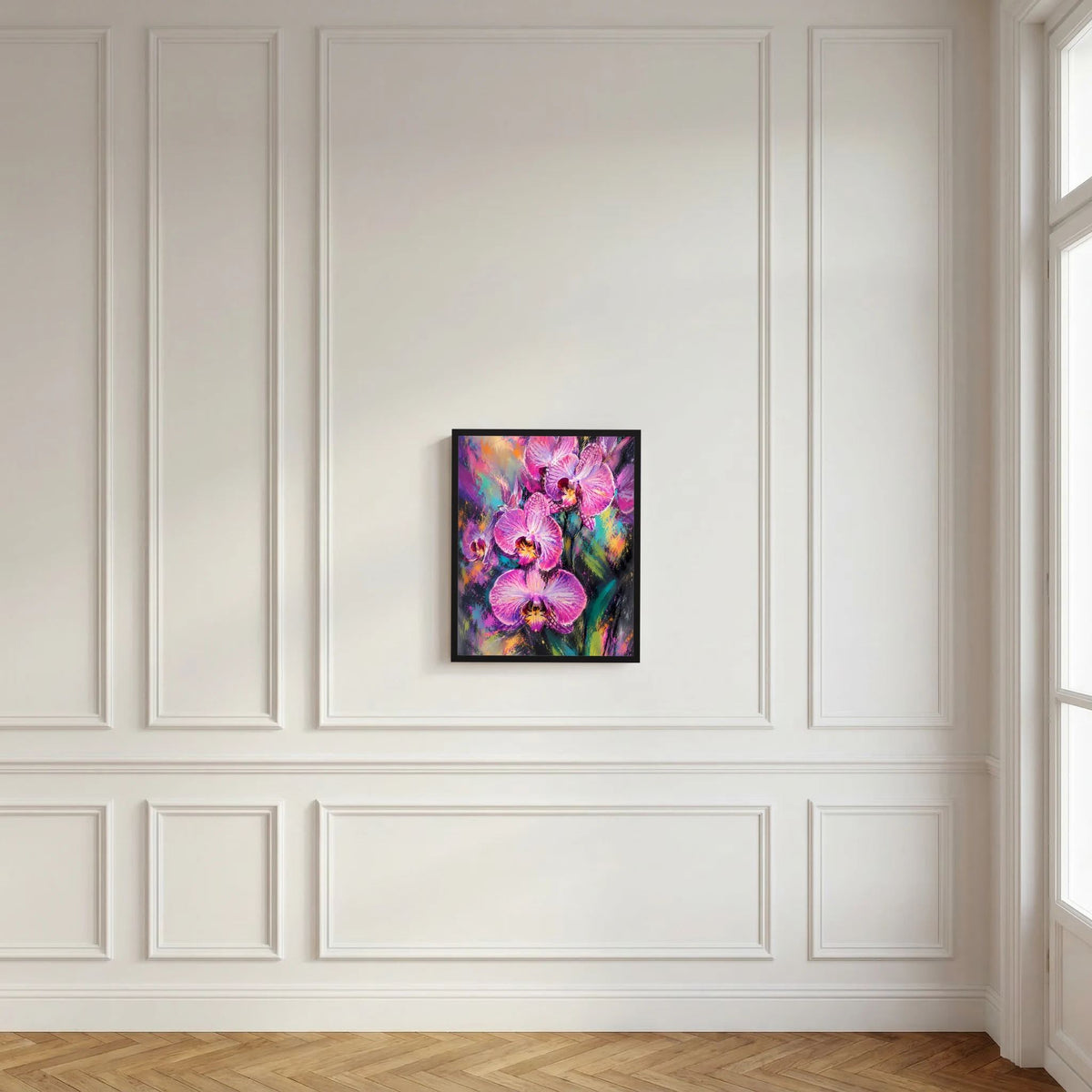 Kunstposter mit abstrakten Orchideen in Pink und Violett im schwarzen Rahmen