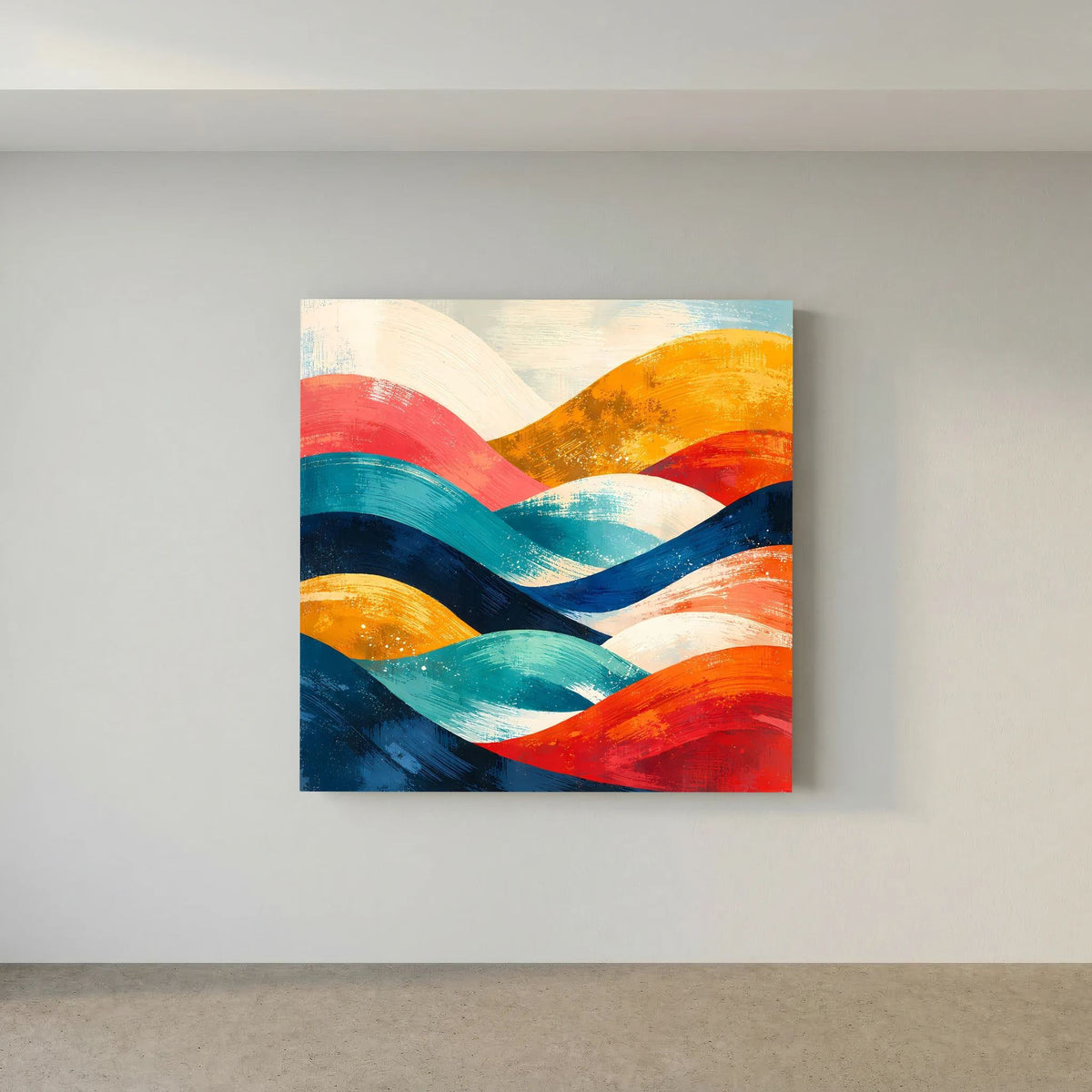 Abstraktes Wellenbild auf Holz-Keilrahmen, schichtige Bänder in Blau, Rot, Orange und Türkis.